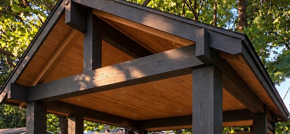 Detail: gable roof, exposed beams and tongue-and-groove wood ceiling with recessed lights