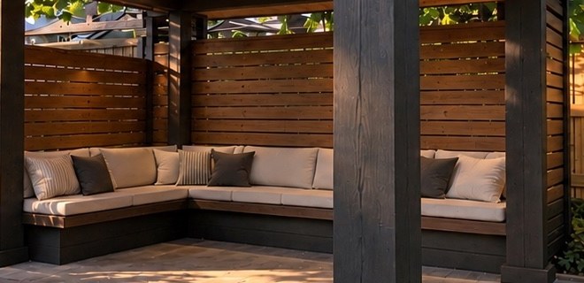 Detail: built-in L-shaped bench seating against horizontal cedar privacy screens