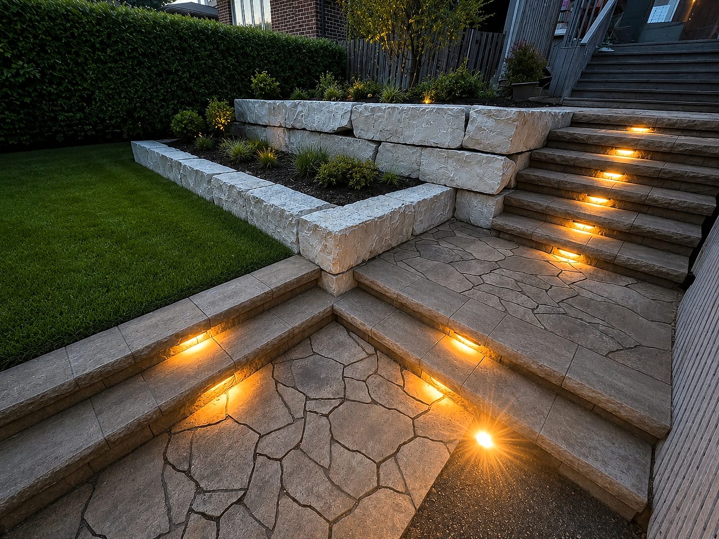 Armour-Stone Wall & Lit Steps — Aurora